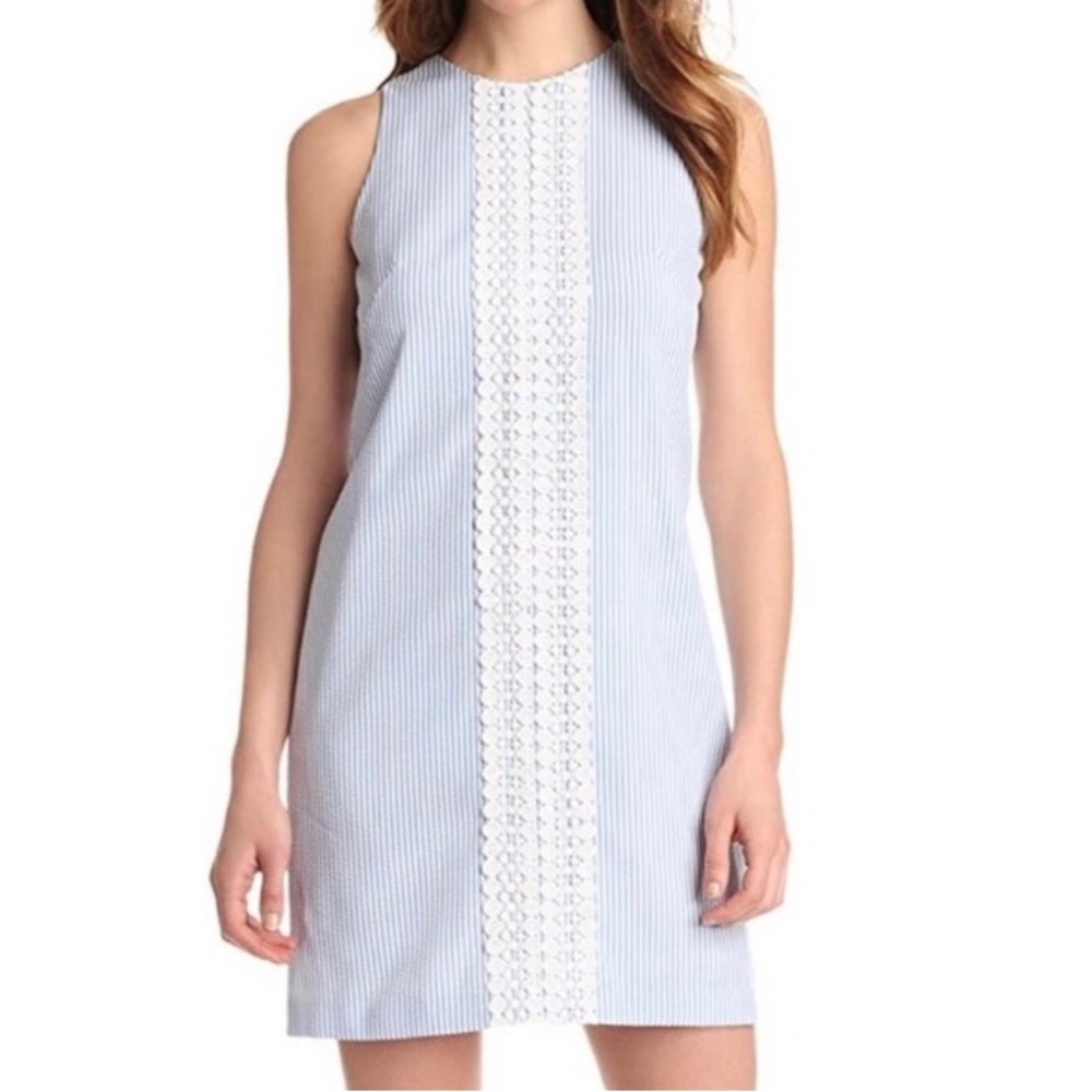 London Times Seersucker Blue & White Shift Sleeveless Lace Dress, Sz 4